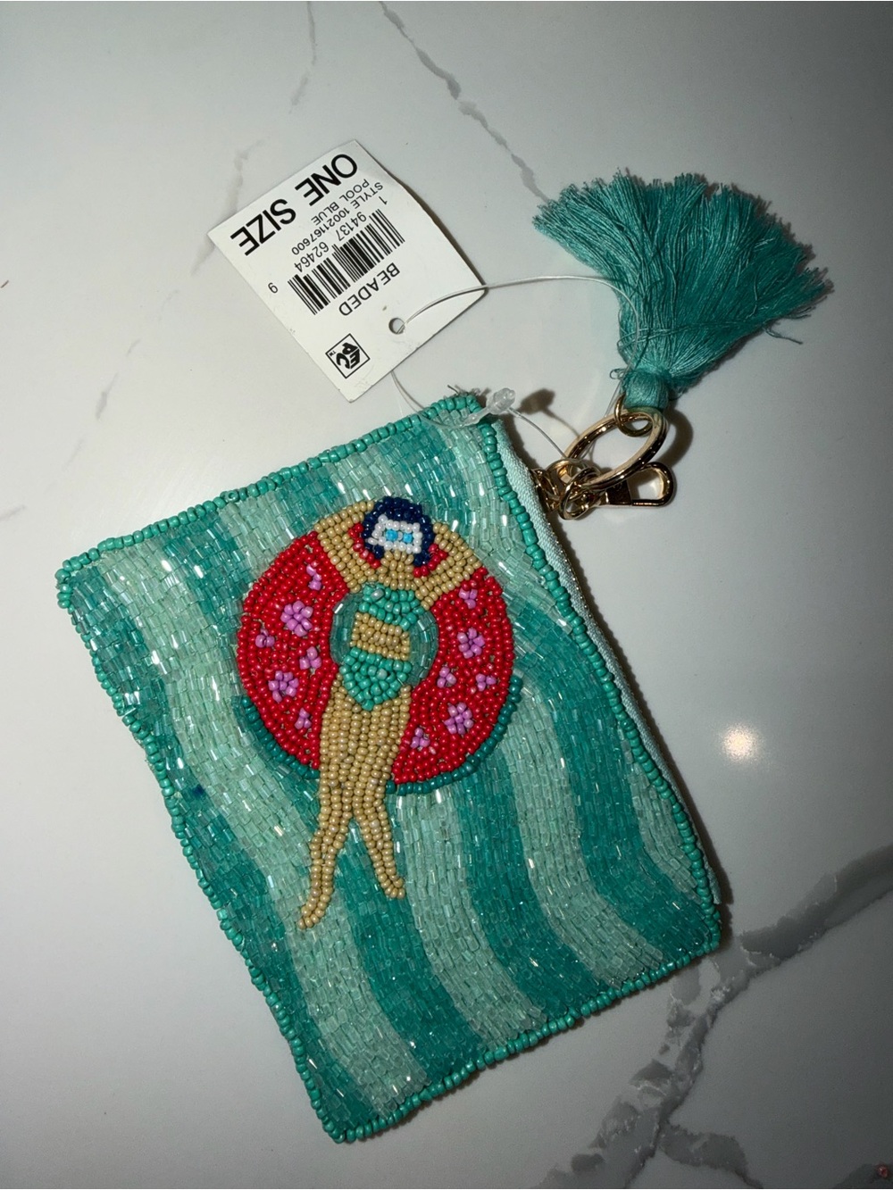 On 34th Hand Beaded Teal Pool Float Coin Purse with Tassel